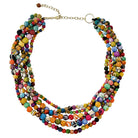 A multicolor and multistrand beaded necklace is shown against a white background.