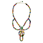 A multicolor beaded necklace is shown against a white background.