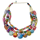 A multicolor beaded necklace is shown against a white background.