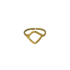 A gold ring with a cutout rectangular center motif is shown on a white background.