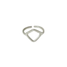 A silver ring with a cutout rectangular center motif is shown on a white background.