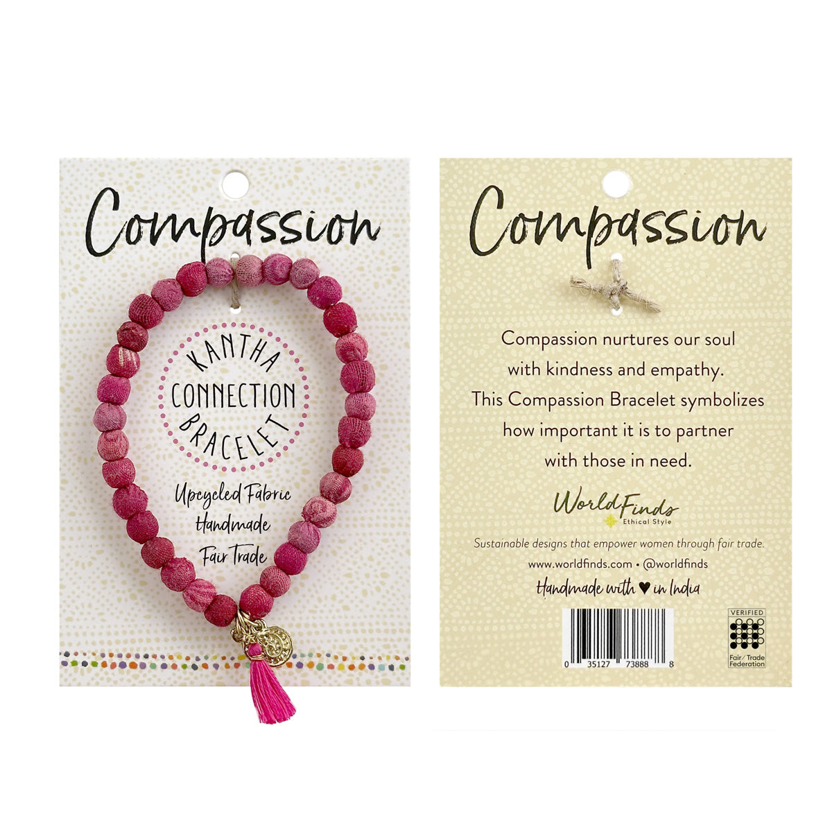 The front and back of a carded pink bracelet against a white background.