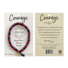 The front and back of a carded red and blue bracelet against a white background.