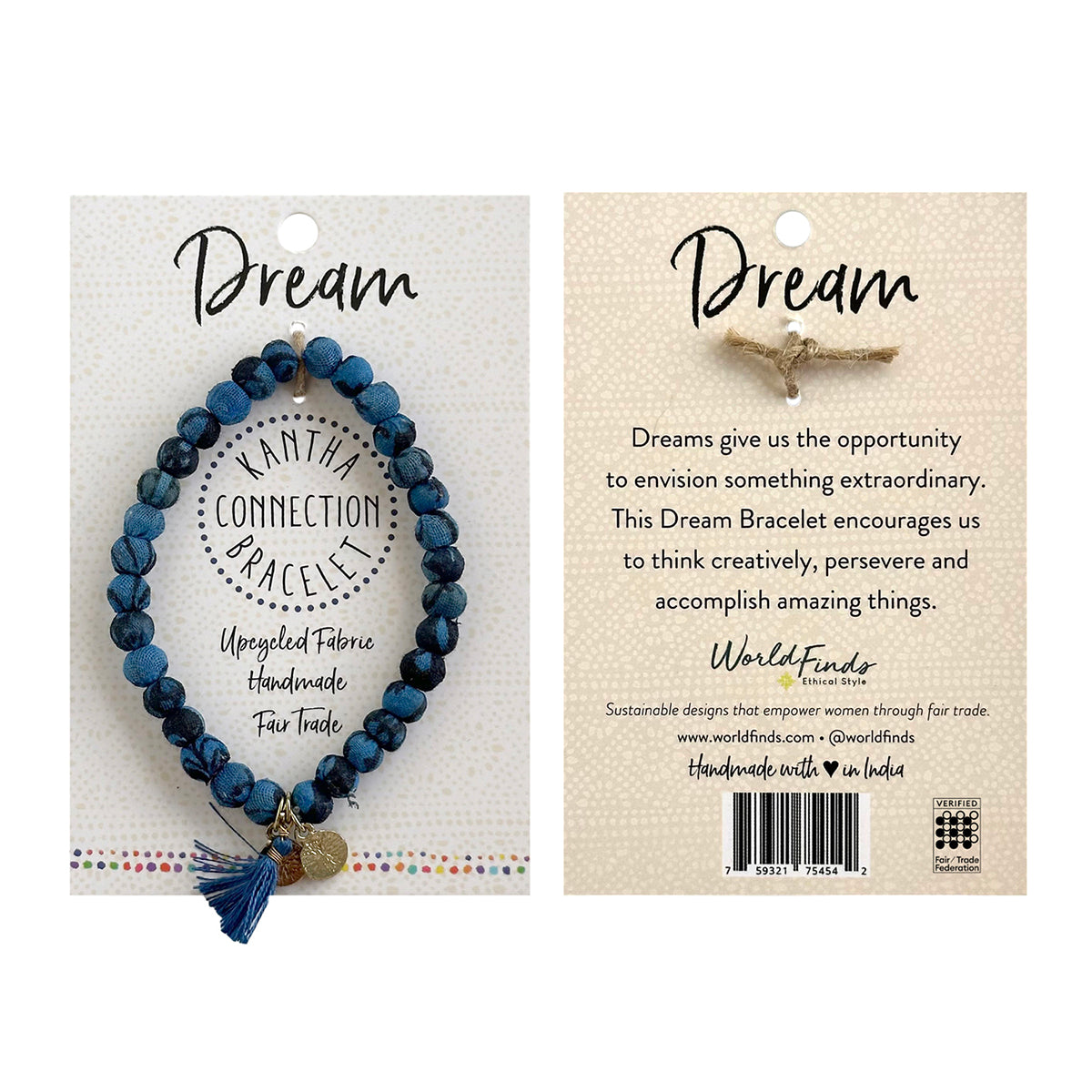 The front and back of a carded beaded bracelet against a white background.