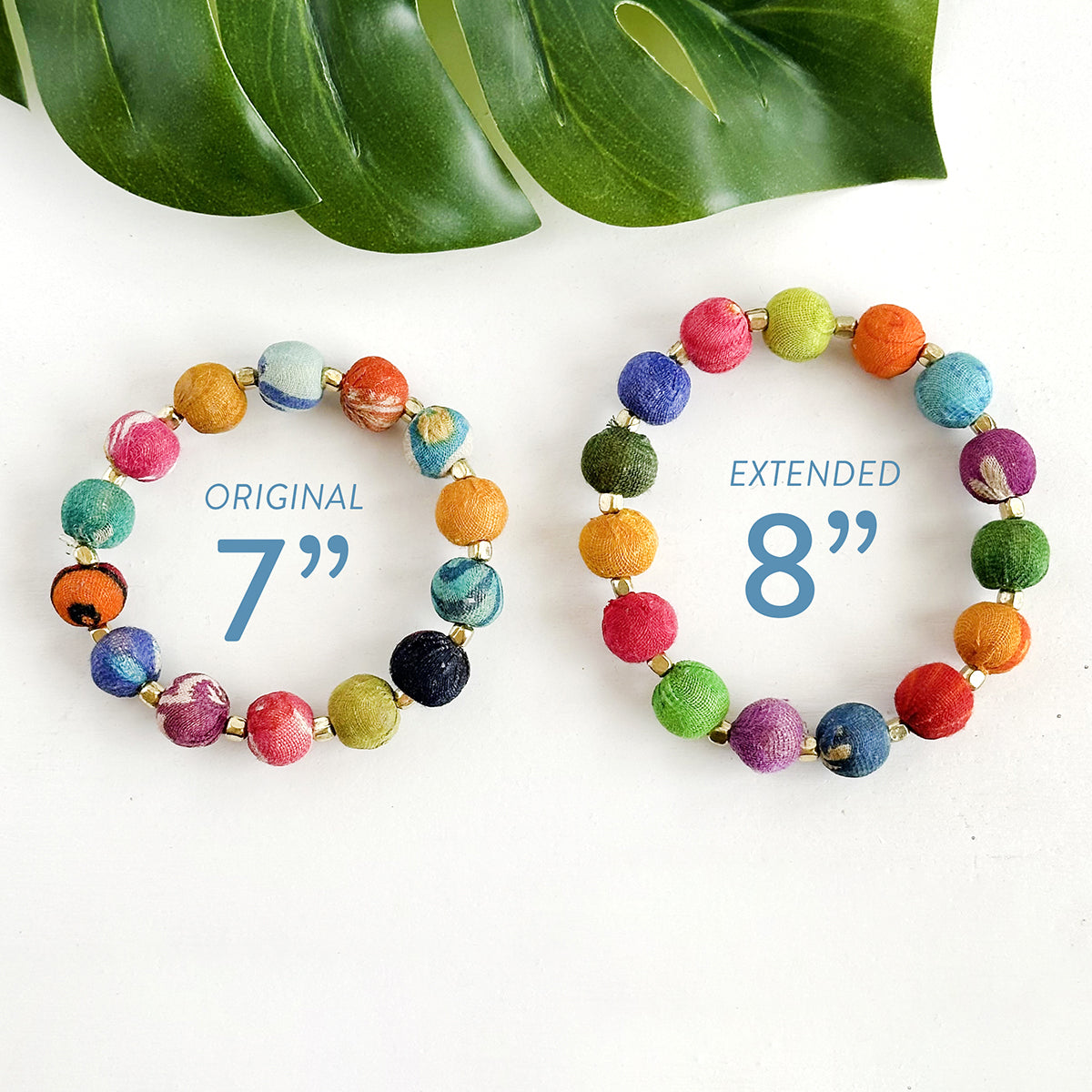 Two multicolor, beaded bracelets are side-by-side with measurements in the center of each bracelet. 