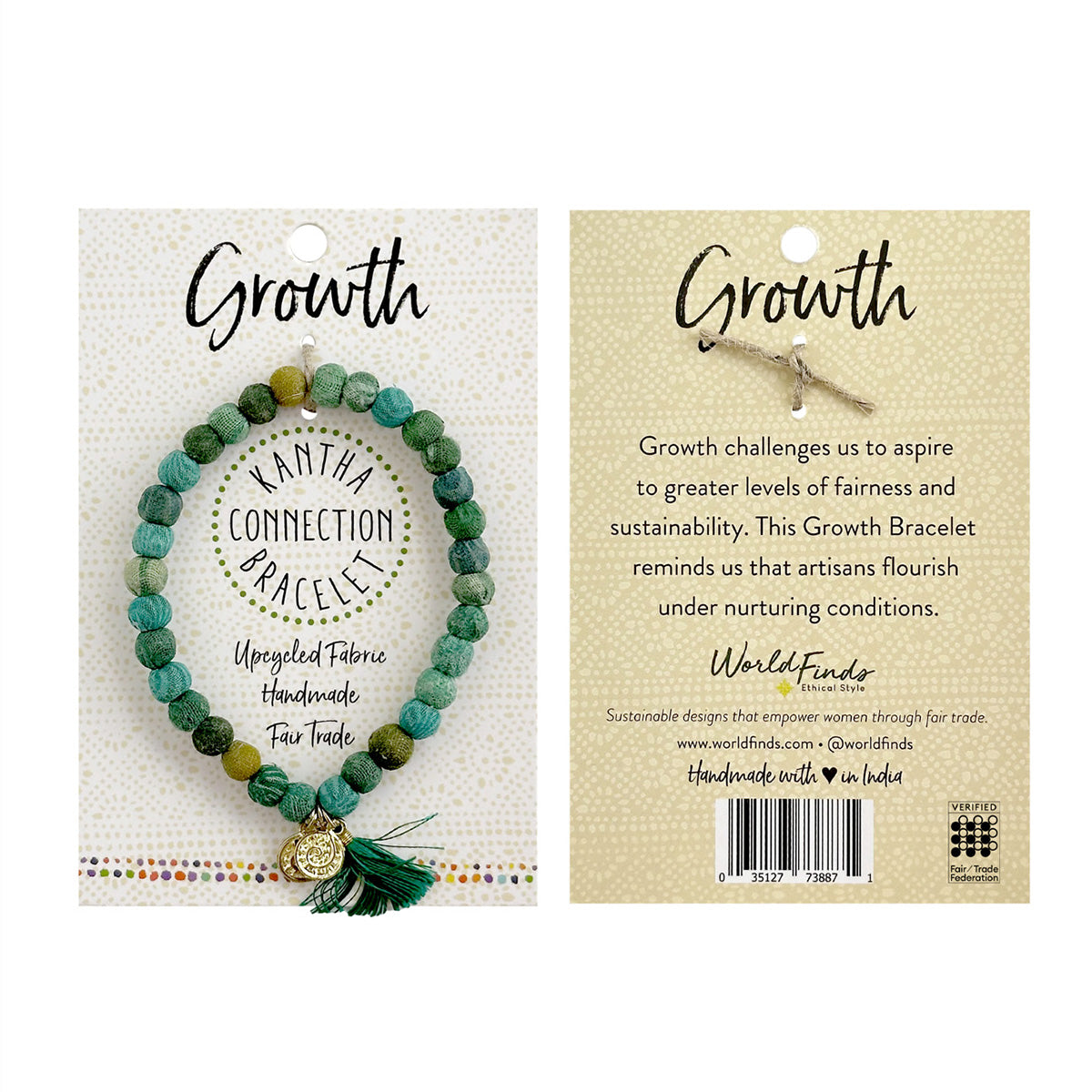 The front and back of a carded beaded bracelet against a white background.