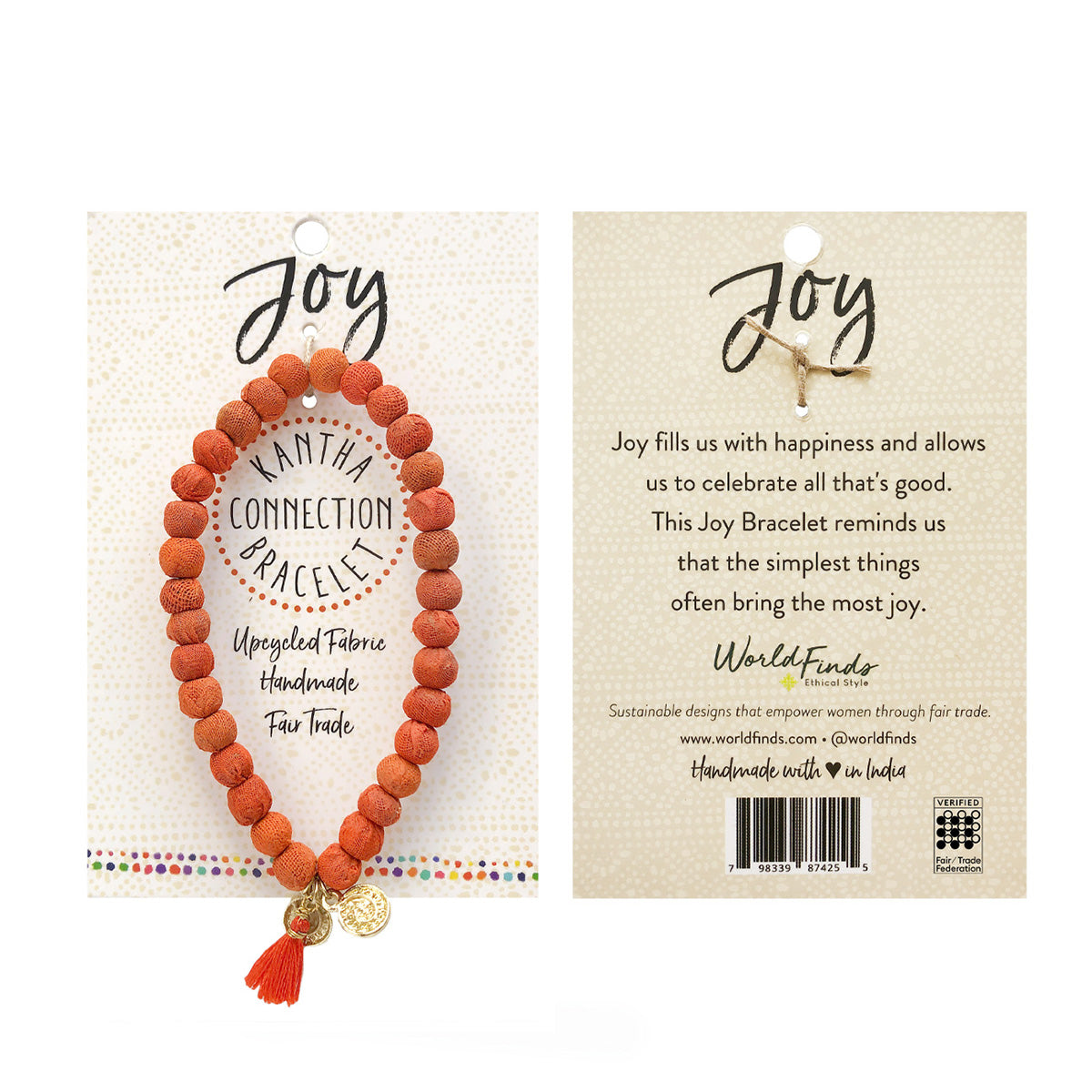 The front and back of a carded beaded bracelet against a white background.