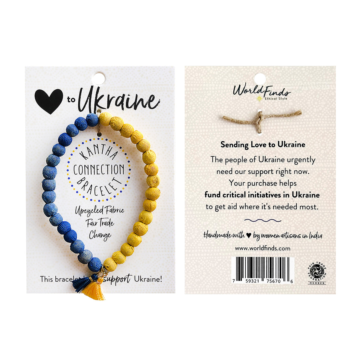 The front and back of a carded blue and yellow bracelet against a white background.