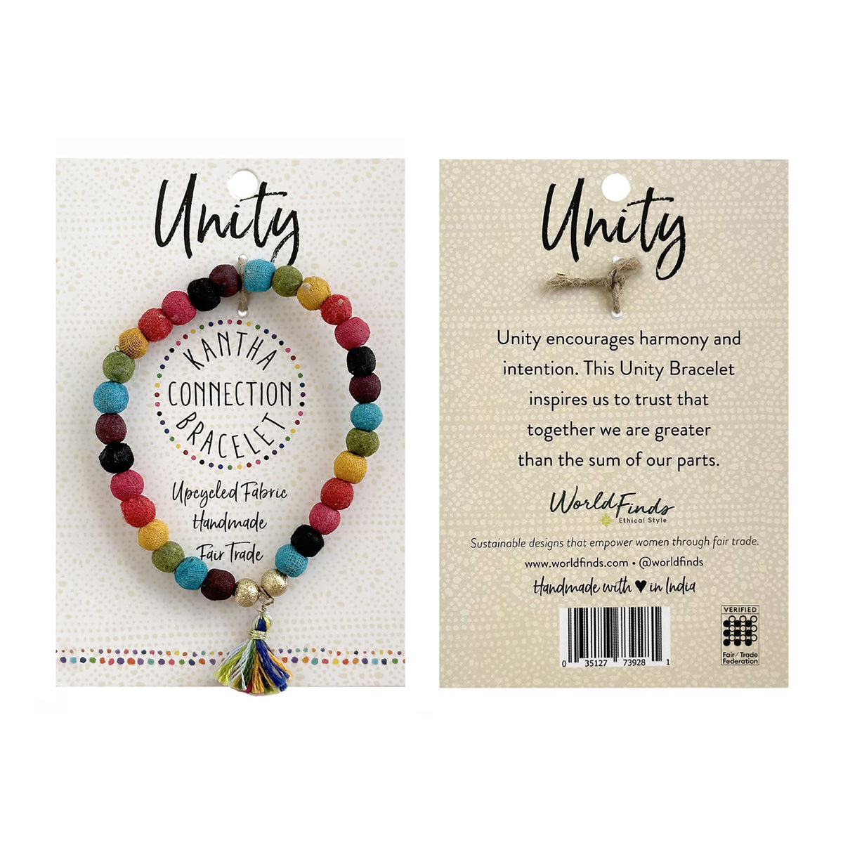 The front and back of a carded beaded bracelet against a white background.