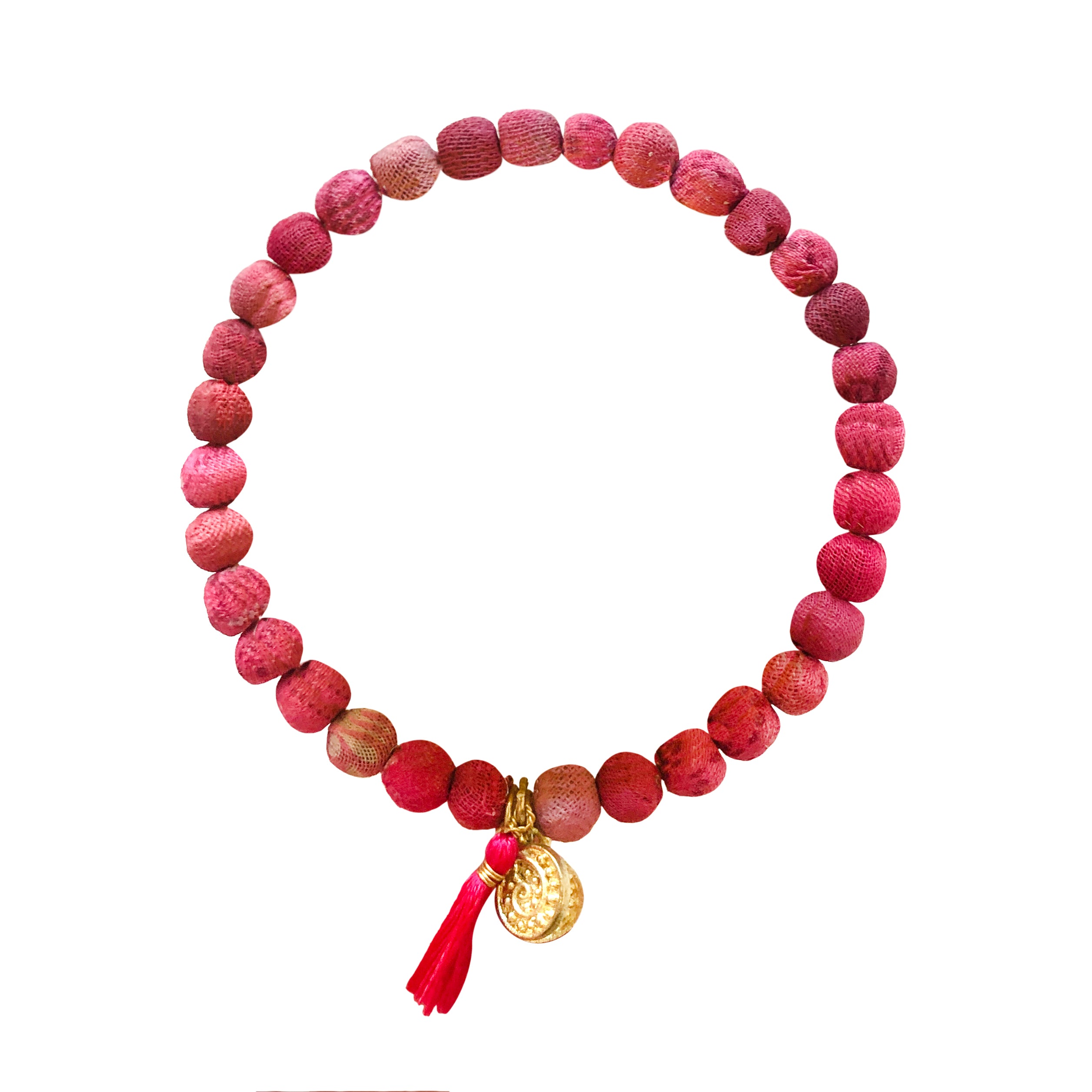 A pink beaded bracelet against a white background.