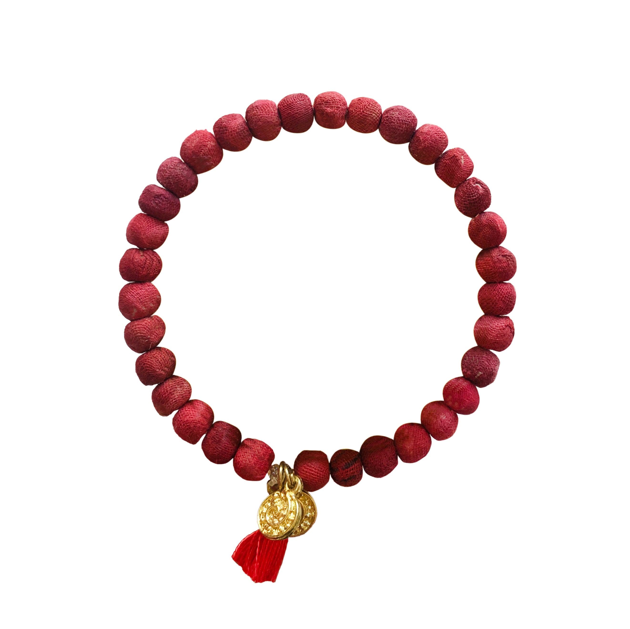 A red beaded bracelet against a white background.