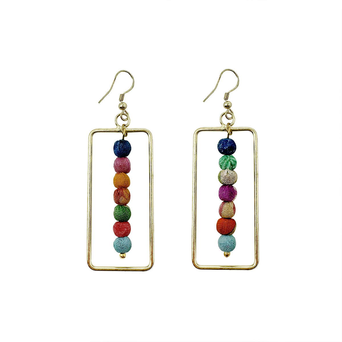 A pair of gold and multicolor, beaded earrings on a white background.