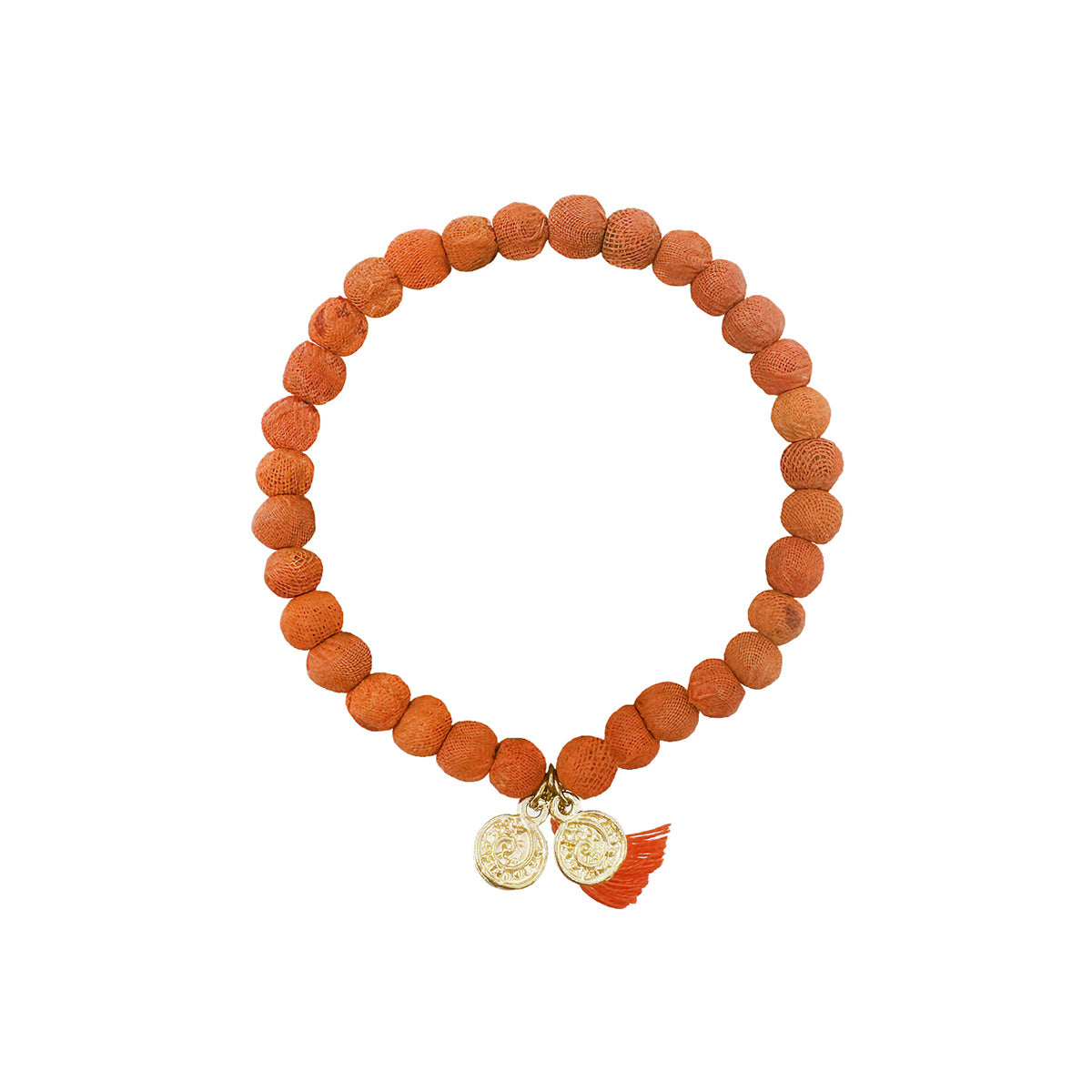 An orange beaded bracelet against a white background.