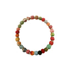 A multicolor beaded bracelet against a white background.