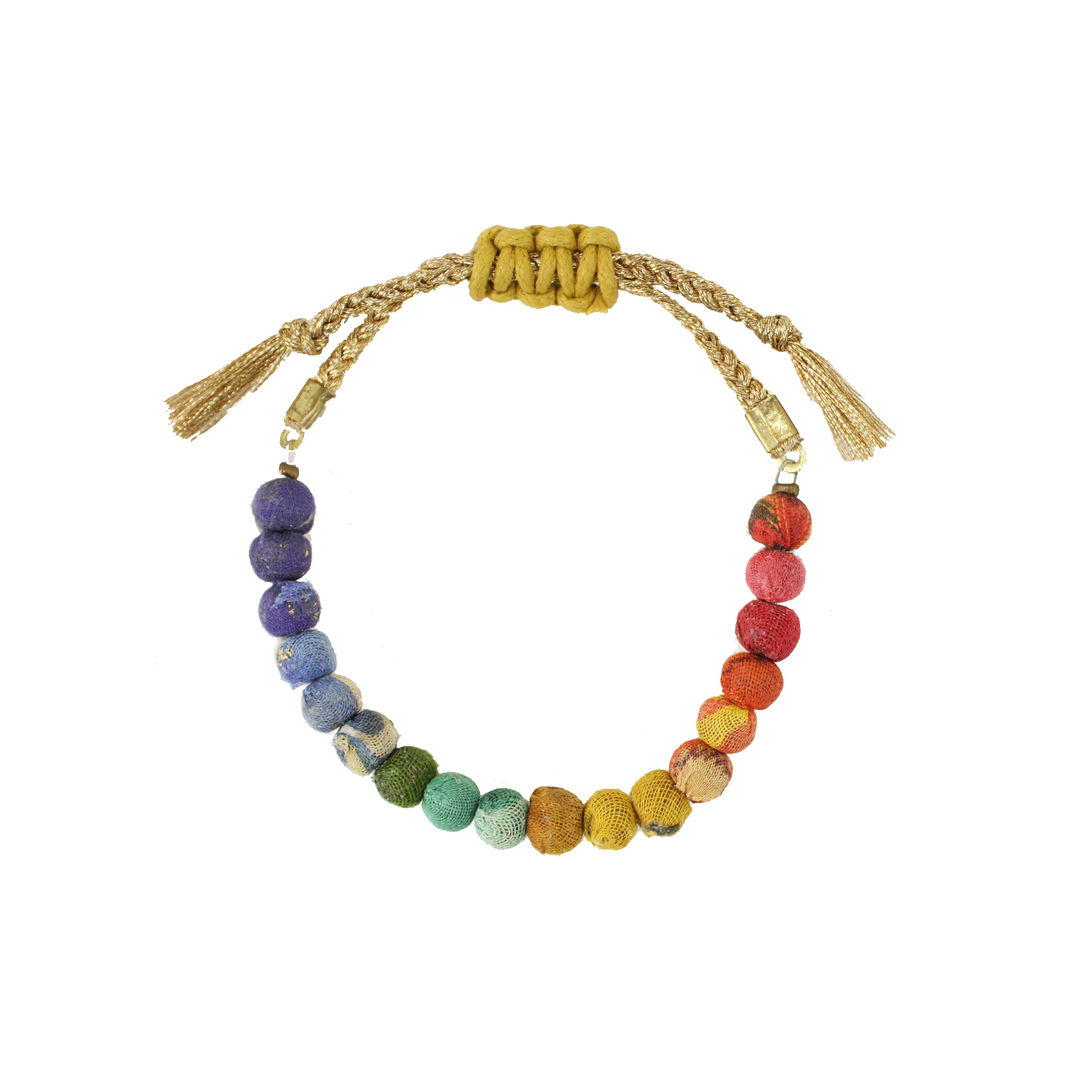 A beaded bracelet in rainbow-hues against a white background.