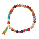 A multicolor beaded bracelet with a tassel against a white background.