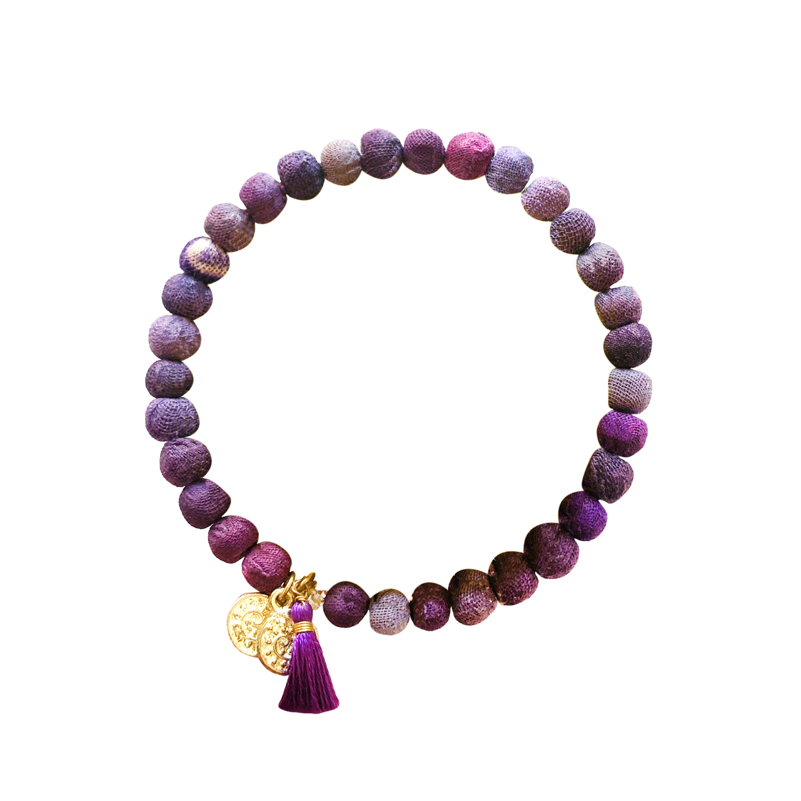 A purple beaded bracelet against a white background.